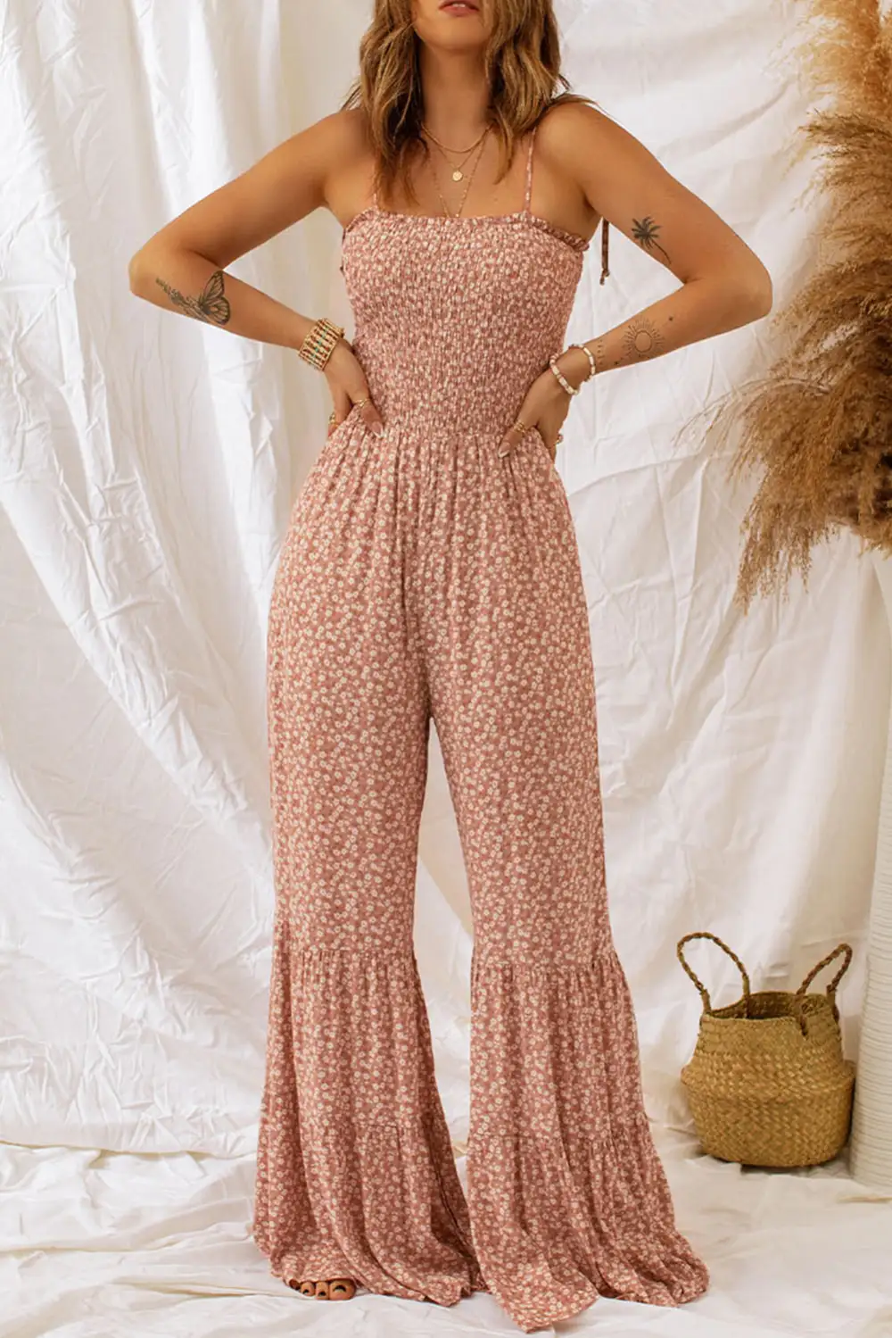 Thin Straps Smocked Bodice Wide Leg Accessory