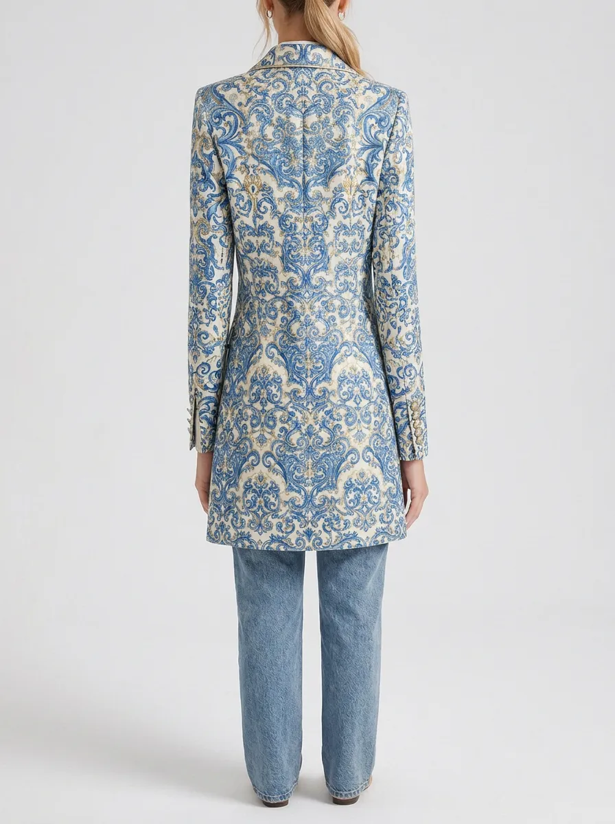 Women's Baroque Floral Pattern Printed Double-Breasted Blazer