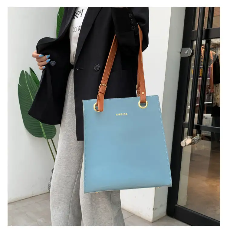Durable PU Tote Bag Square Vertical Zipper Everyday