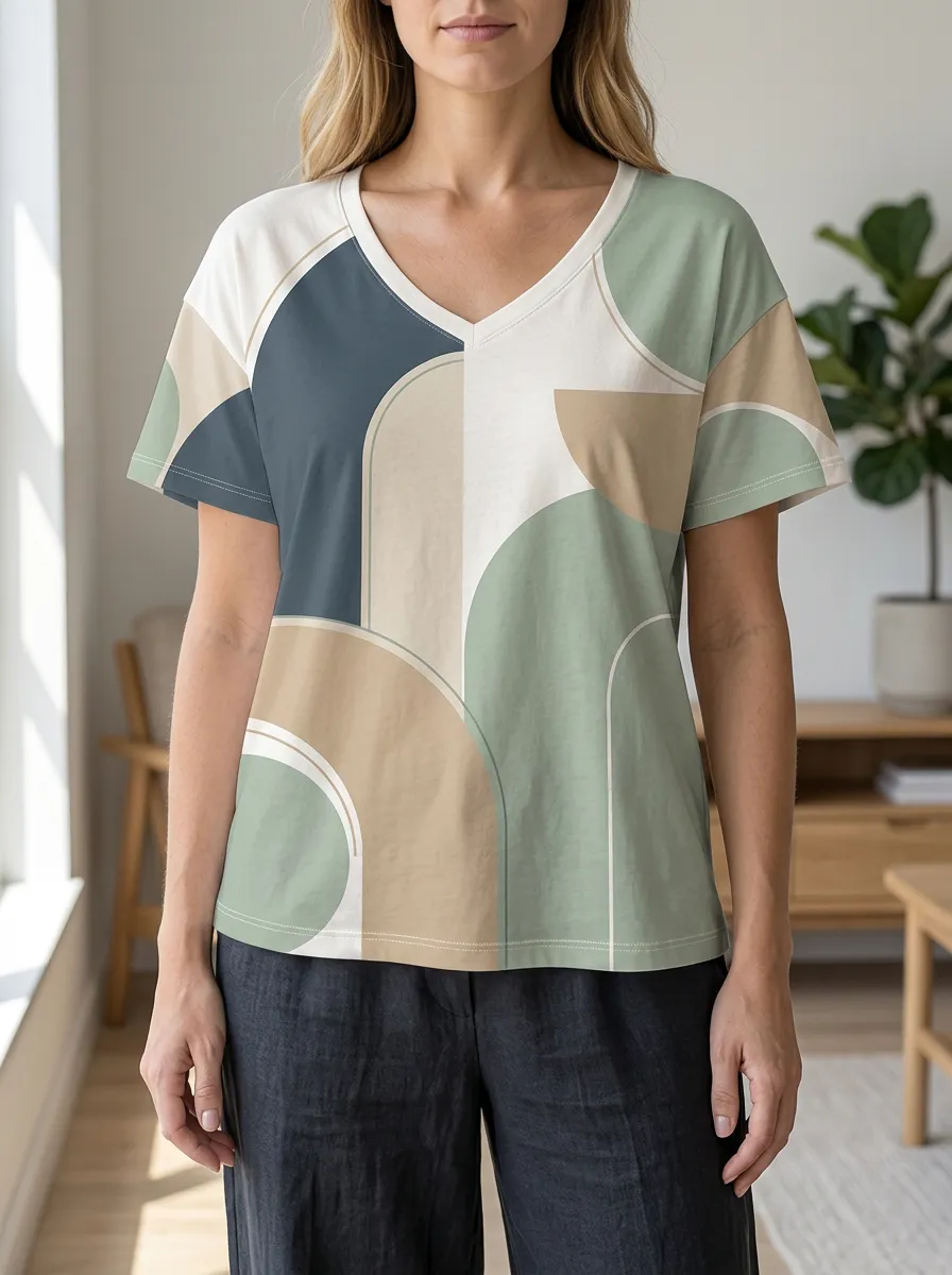 Women's Dynamic Abstract Geometric Pattern V-Neck T-Shirt