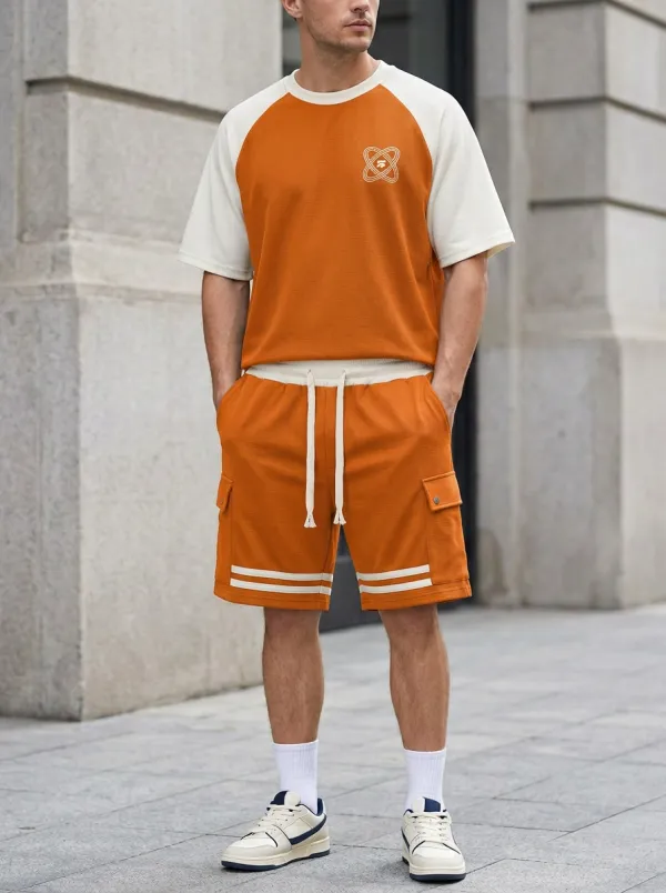 Classic Geometric Pattern Colorblock Detail Activewear Men's T-Shirt And Shorts Set