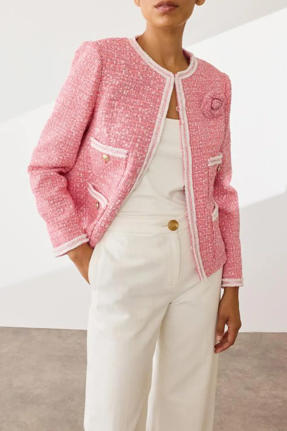 Pink Tweed Flower Detail Short Jacket