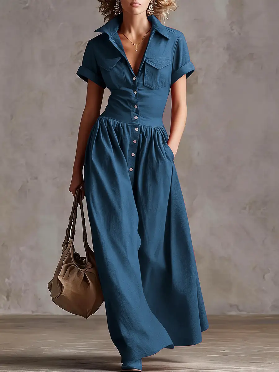 Waisted Pleated Buttoned Maxi Dress