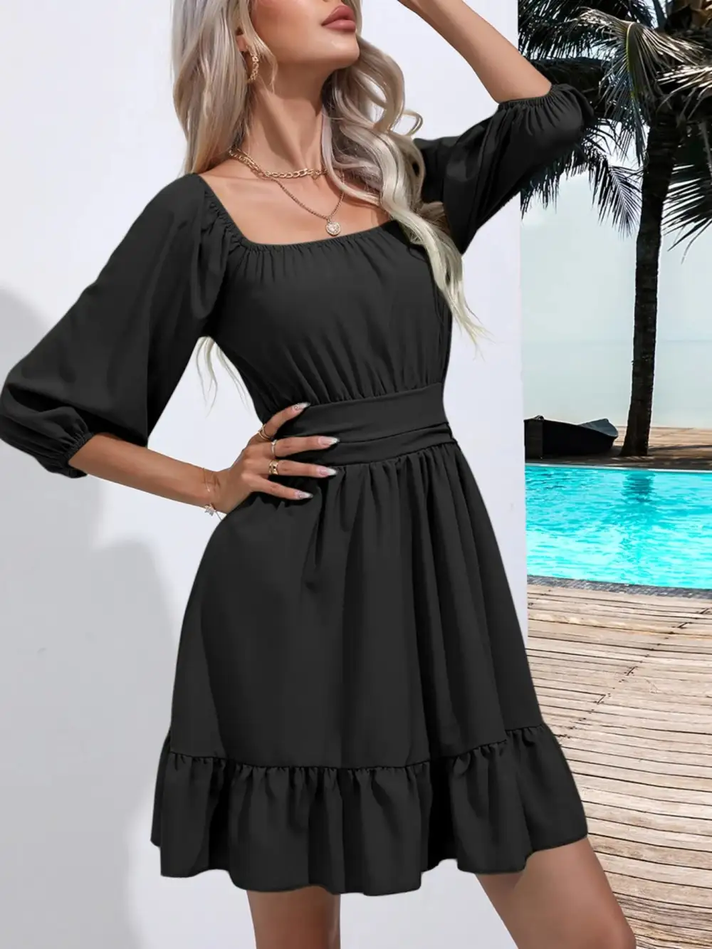 Smooth Finish Square Neck Ruffle Dress