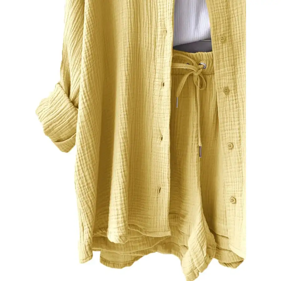 Relaxed Textured Button Up Shirt and Shorts Set