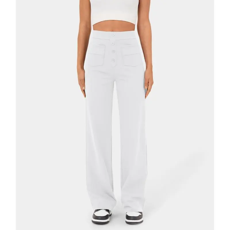 High Waisted Pockets Straight Leg Casual Pants