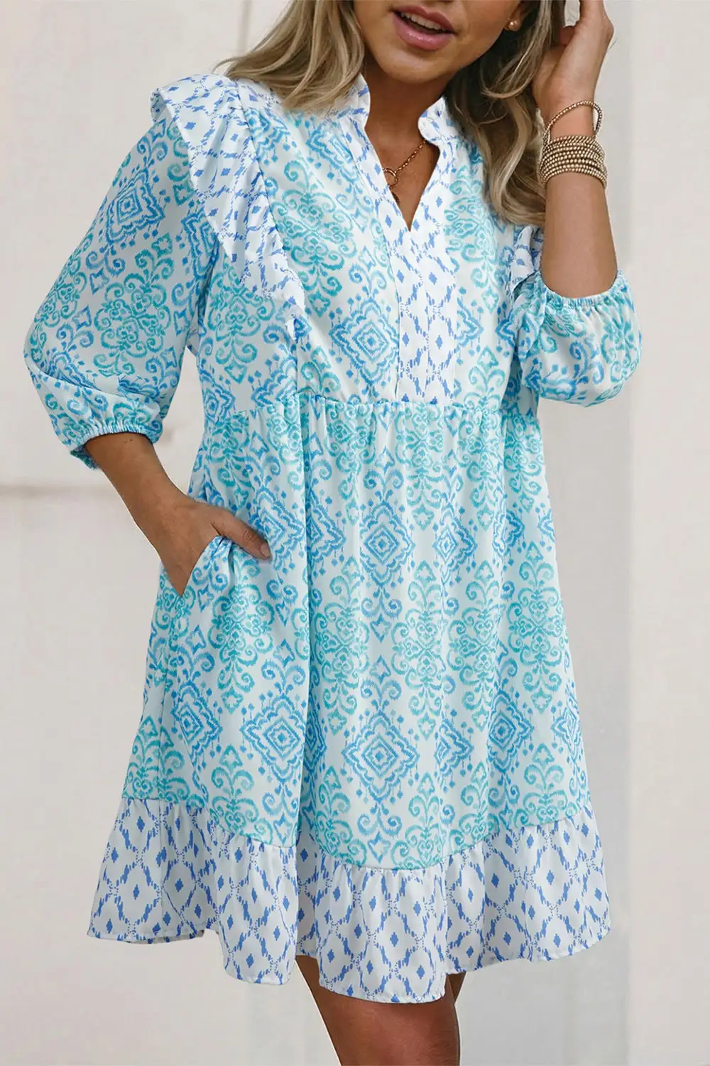Floral Geometric Print Ruffle Mini Dress
