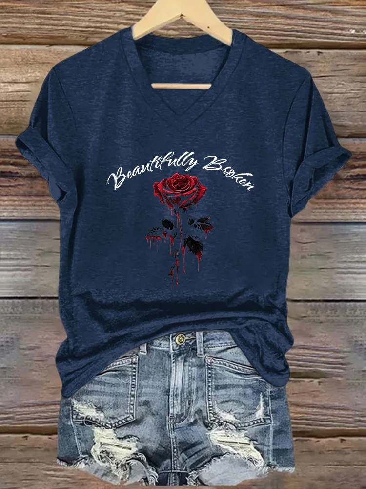 Women's Beautifully Broken Rose V - Neck Tee