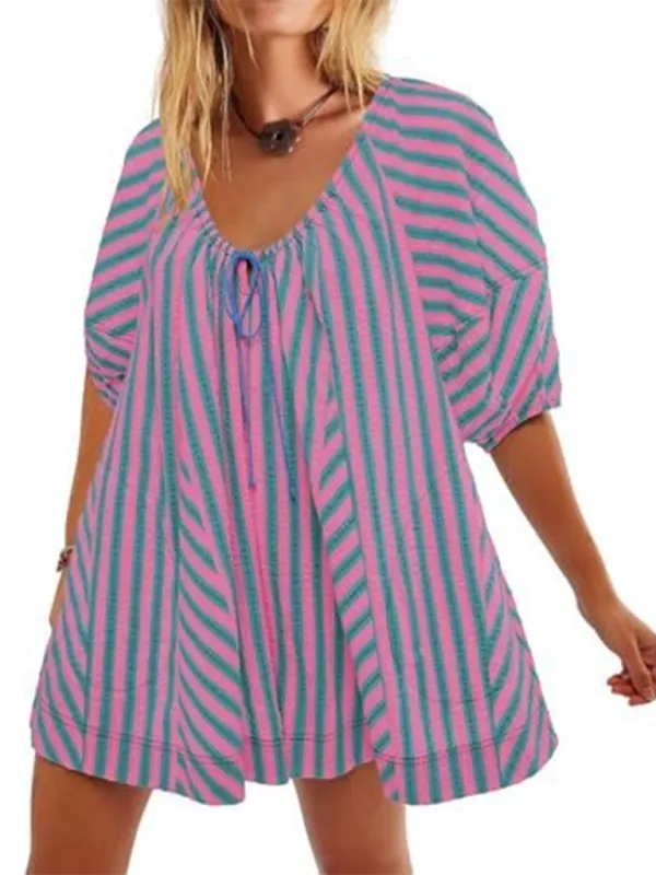 Short Sleeved Striped Jumpsuit Slim Loose Shorts
