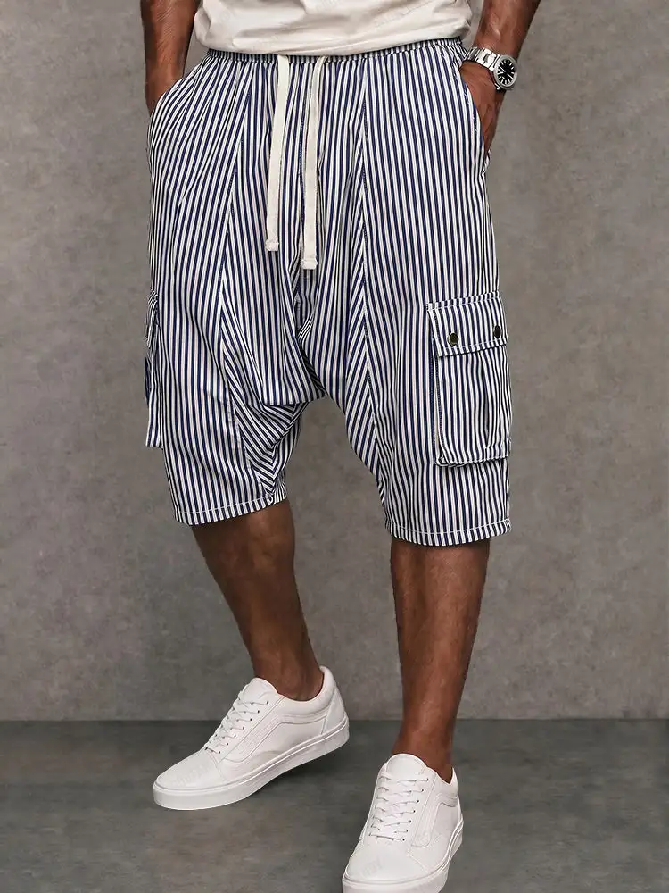 Versatile Pinstripe Drop Crotch Drawstring Shorts