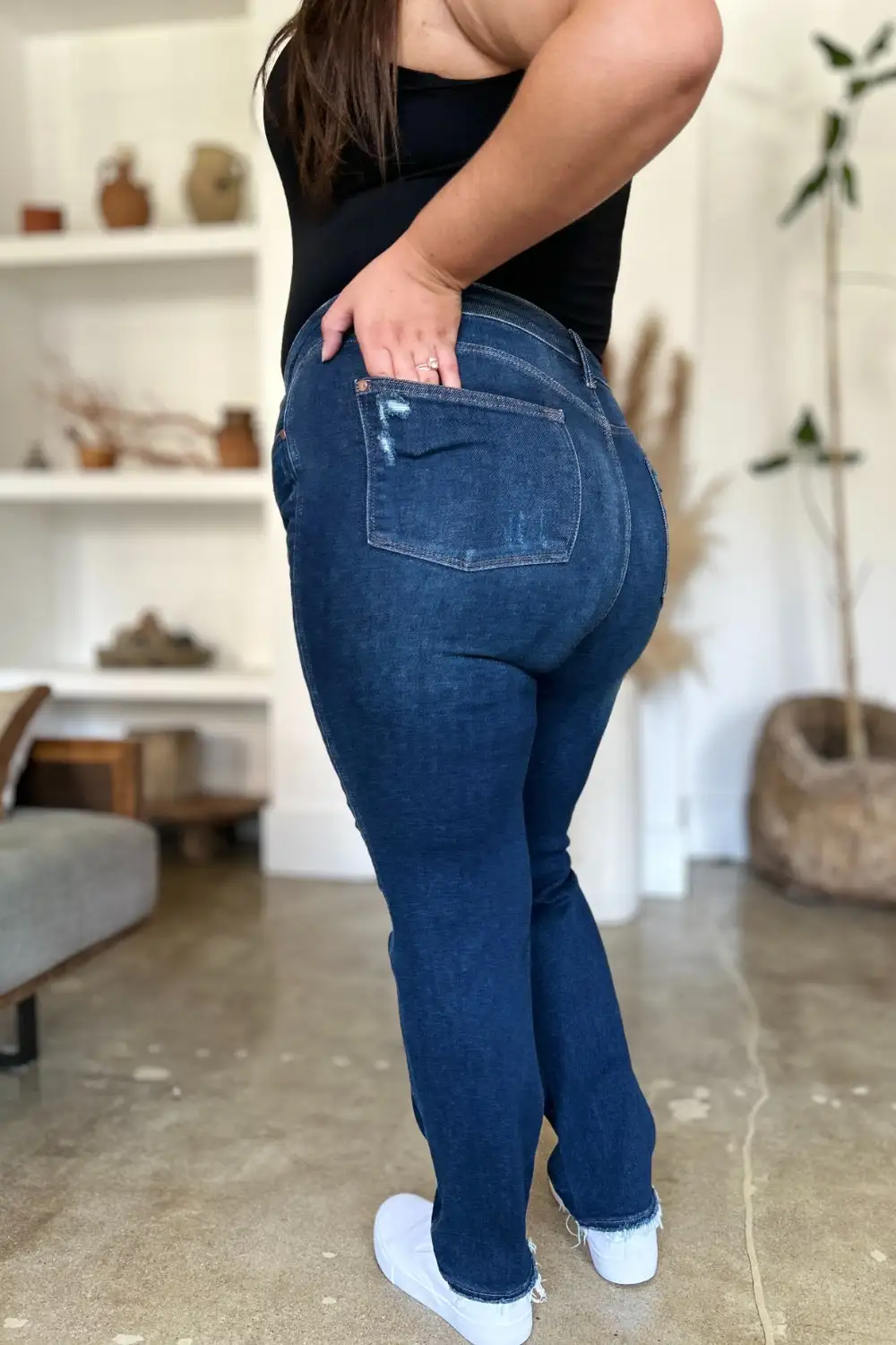 High-Waist Raw-Hem Distressed Washed Straight Leg Jeans