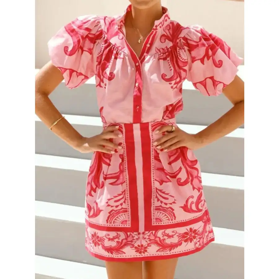 Printed Puff Sleeve Top and Skirt Set