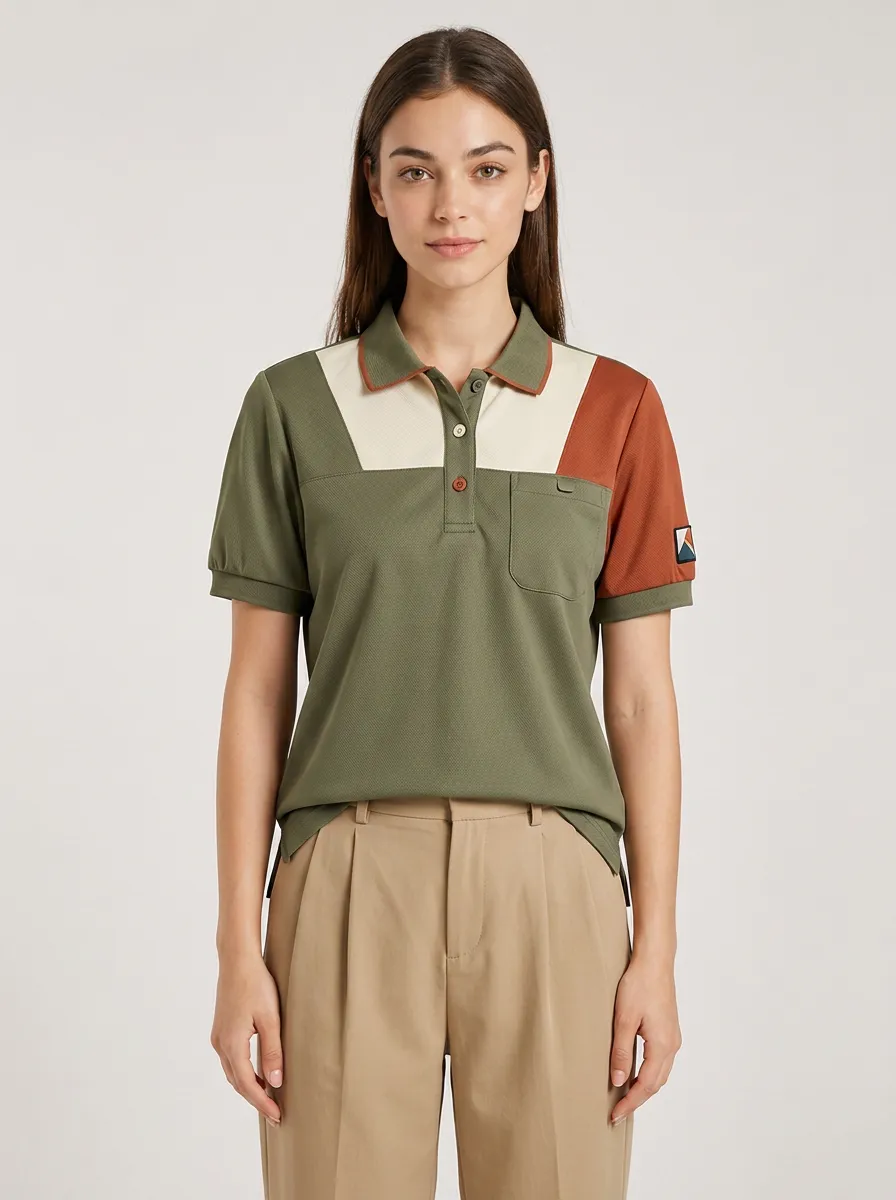 Women's Colorblock Mountain Patch Printed Polo Shirt