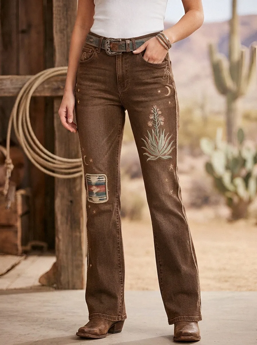 Women's Western Cactus Desert Moon Embroidered Jeans
