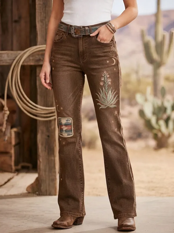 Women's Western Cactus Desert Moon Embroidered Jeans