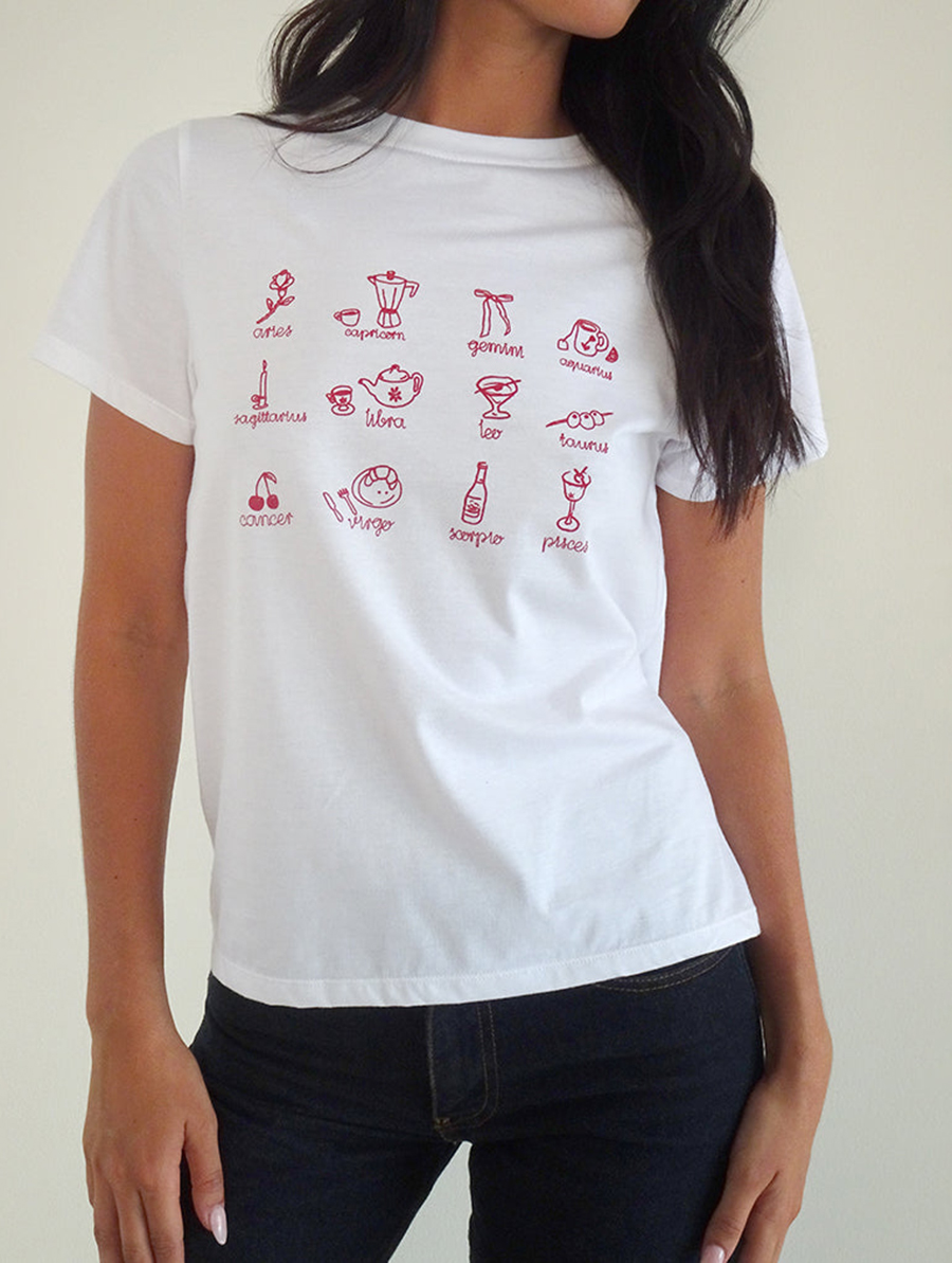 White With Red Star Signs Print Tee