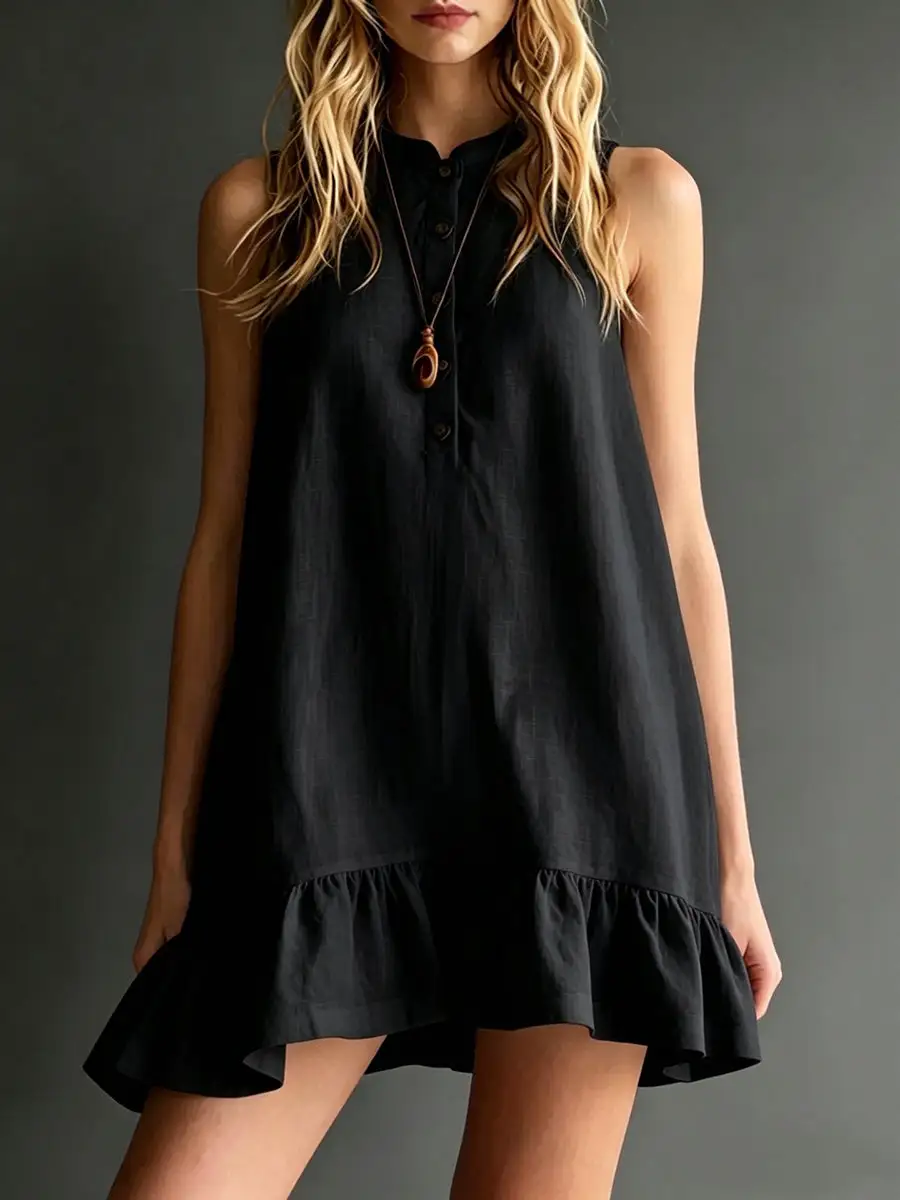 A Line Relaxed Buttoned Pleated Solid Color Round Neck Mini Dress