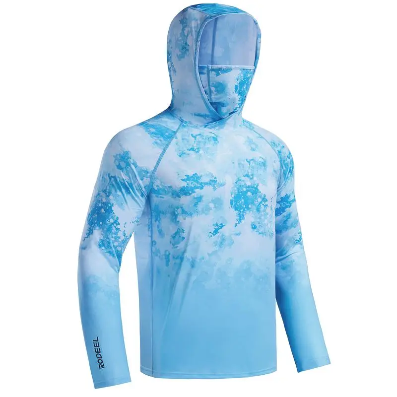 Men UPF 50+ UV Sun Hoodie Shirts with Mask Neck Gaiter  Protection Raglan Long Sleeve Lightweight Quick Dry Moisture Wicking Breathable Cooling Athletic Activewear