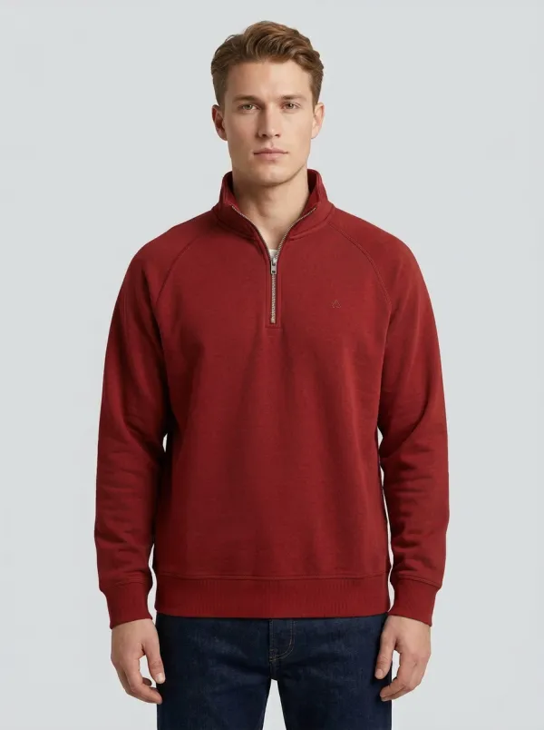 Men's Refined Minimalist Textured Raglan Embroidered Emblem Stand-Collar Quarter-Zip Sweatshirt