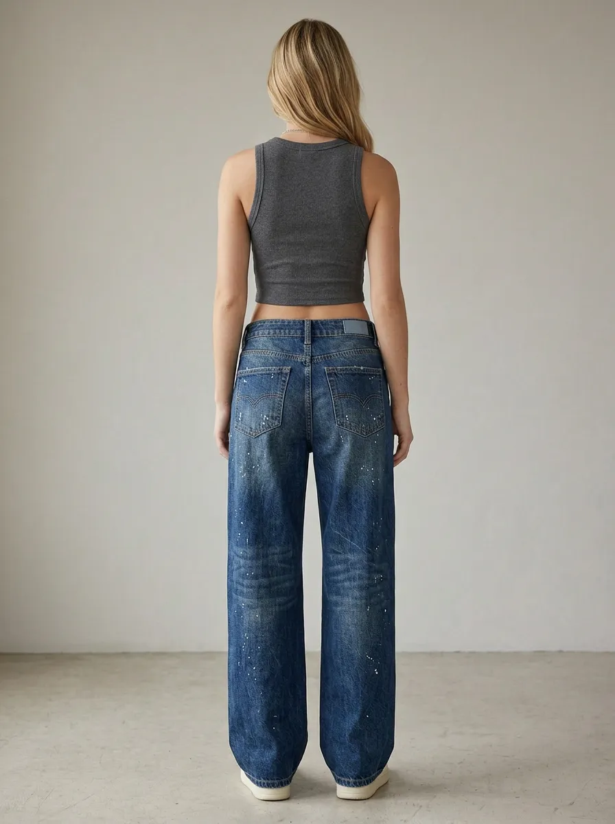 Women's Classic Casual Streetwear Distressed Paint Splatter Straight Jeans