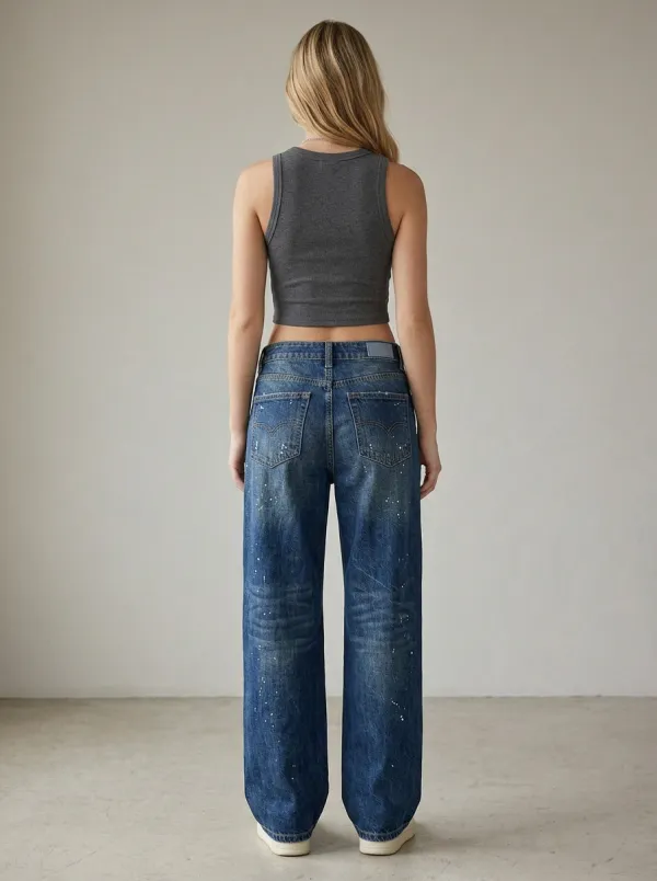 Women's Classic Casual Streetwear Distressed Paint Splatter Straight Jeans