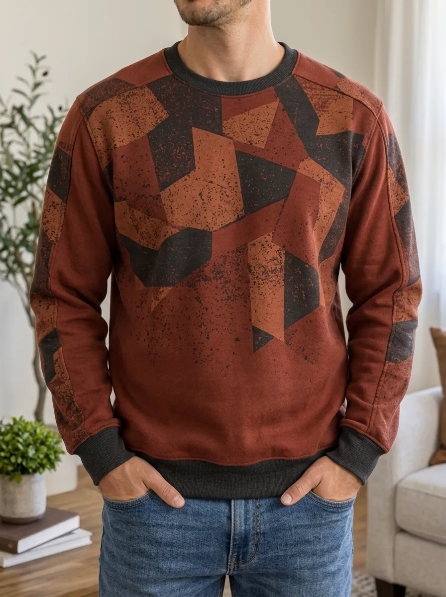 Men's Rust Geometric Print Crewneck Sweatshirt