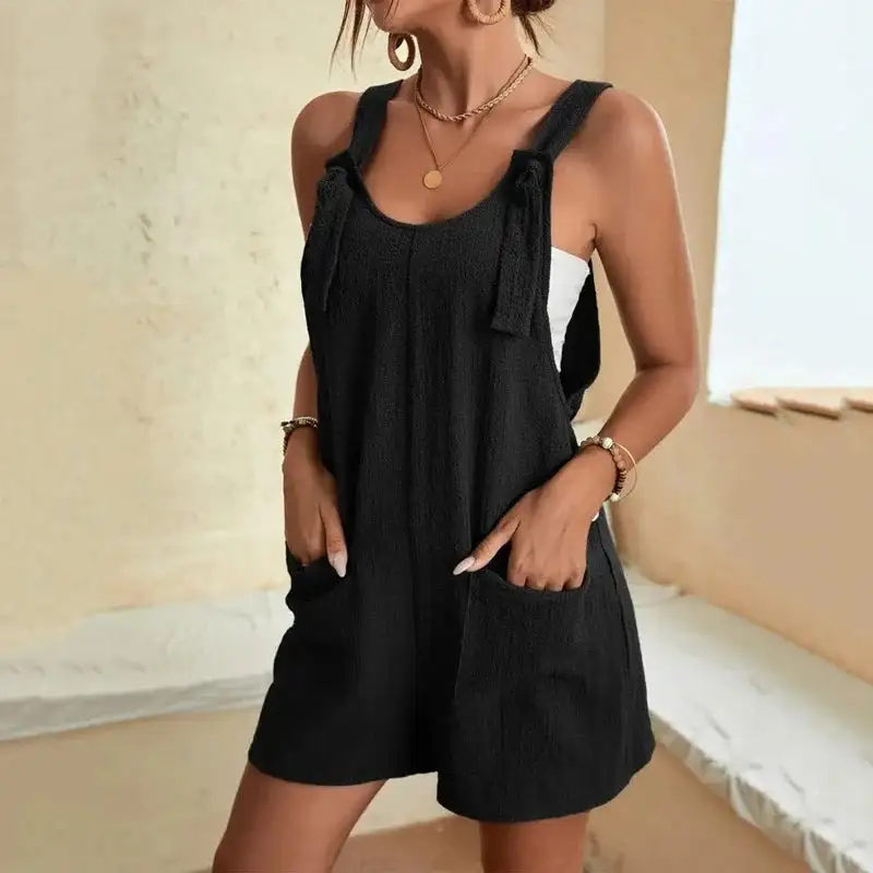Feminine Detail V-Neck Bow-Button Silhouette Romper
