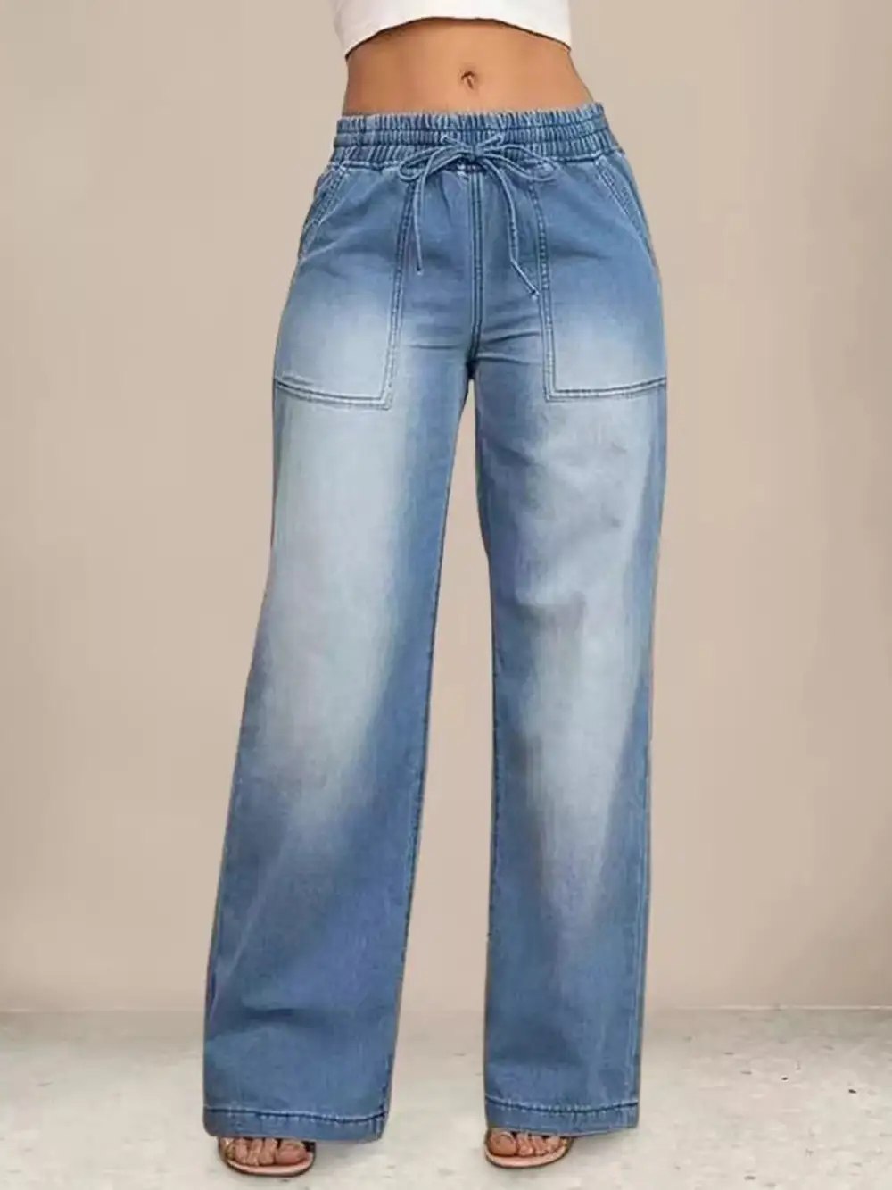 Wide Leg Drawstring Denim Jeans