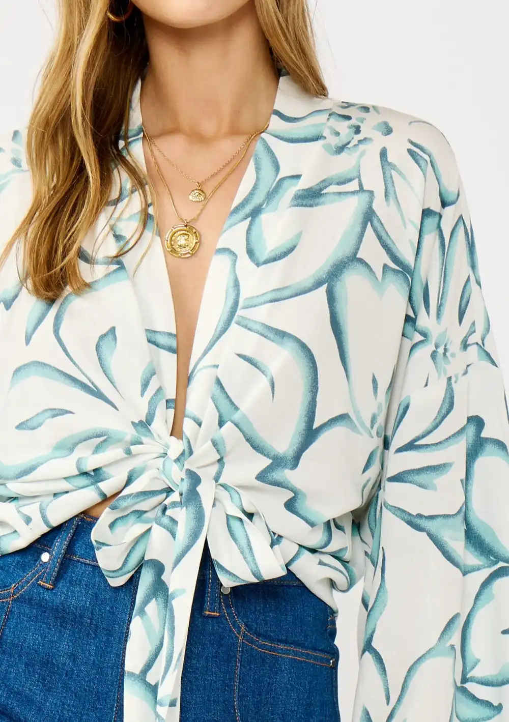 Tie Front Flower Print Blouse