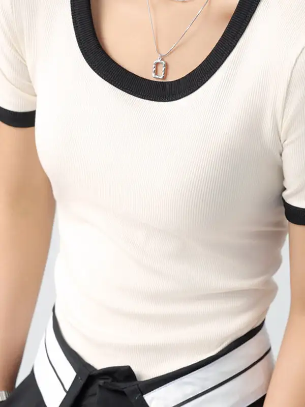 Short Sleeve Slim Fit Contrast Round Neck T-Shirt
