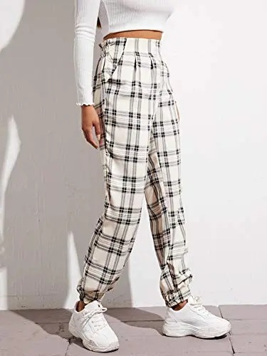Women's Plaid Elastic High Waist Casual Tartan Pants with Pockets
