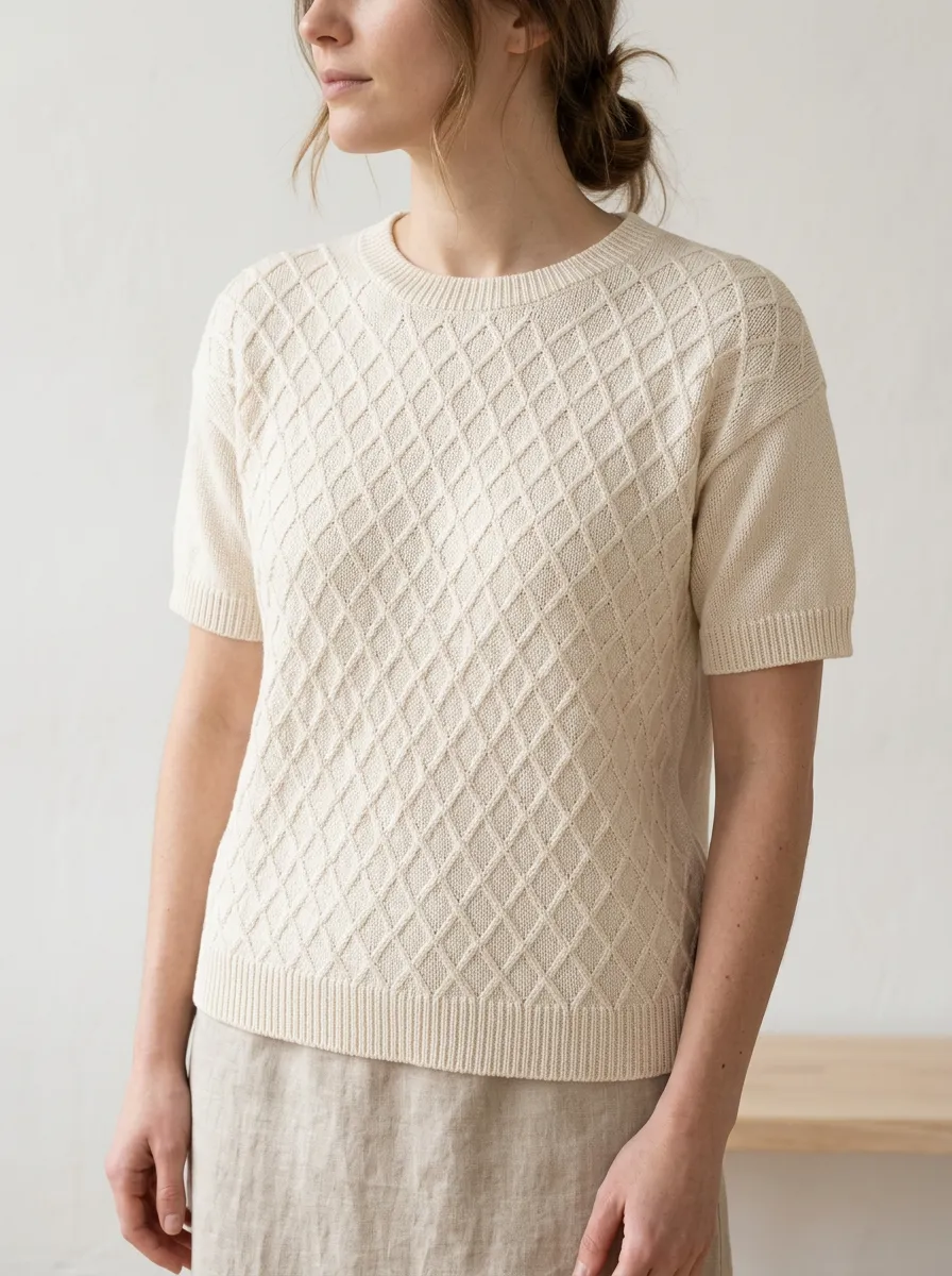 Women's Crew-Neck Diamond-Texture Knit T-Shirt