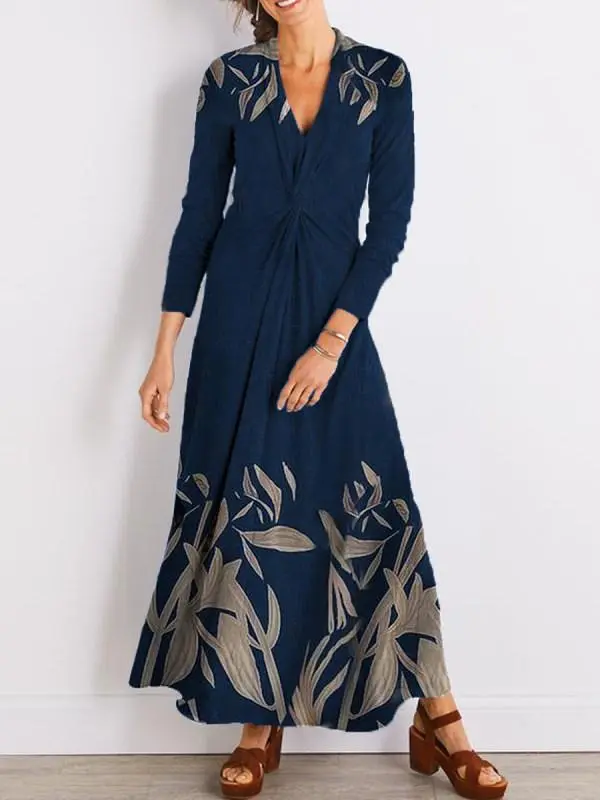 Chic Long Sleeve Flowers Printed Twisted V-Neck Fitted Long Dress