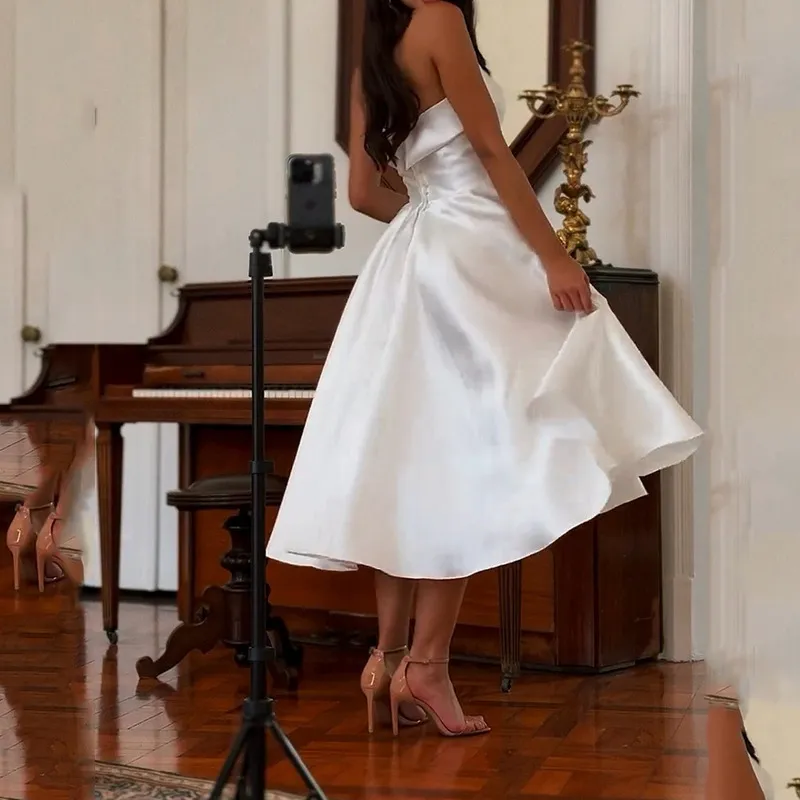 Elegant Strapless Solid Midi Dress