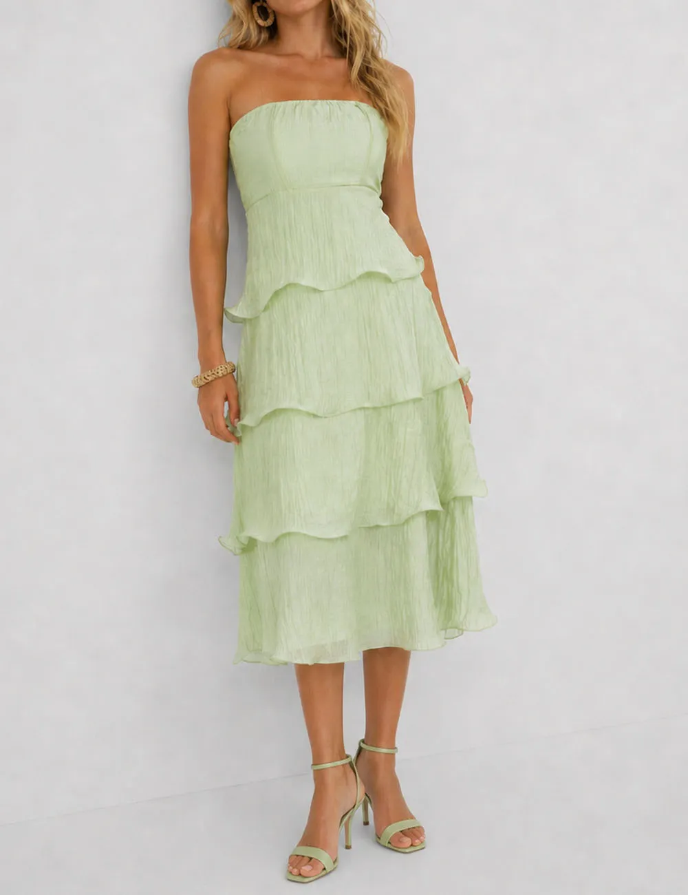 Chic Crinkle Strapless Tiered Ruffle Tube Midi Dress
