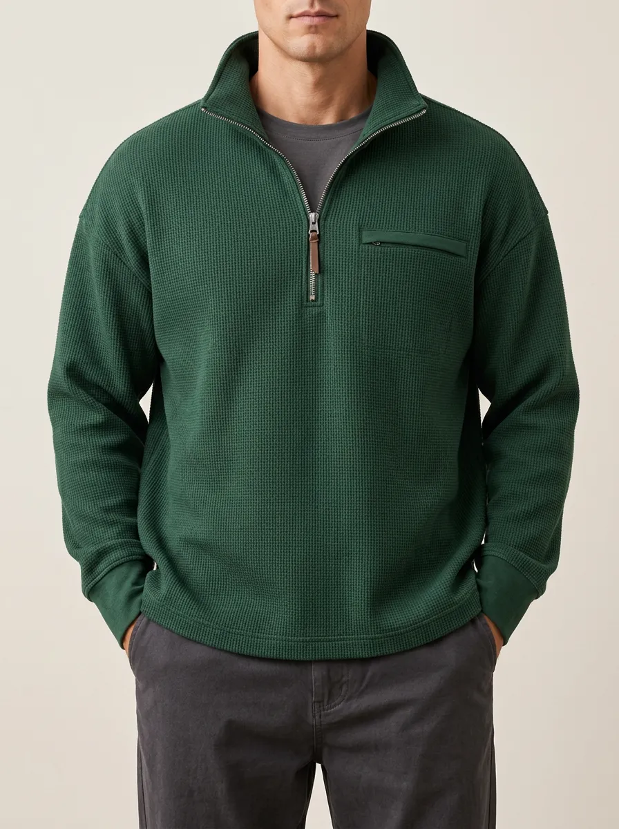 Waffle Knit Quarter-Zip Pullover for Casual Layers Layers