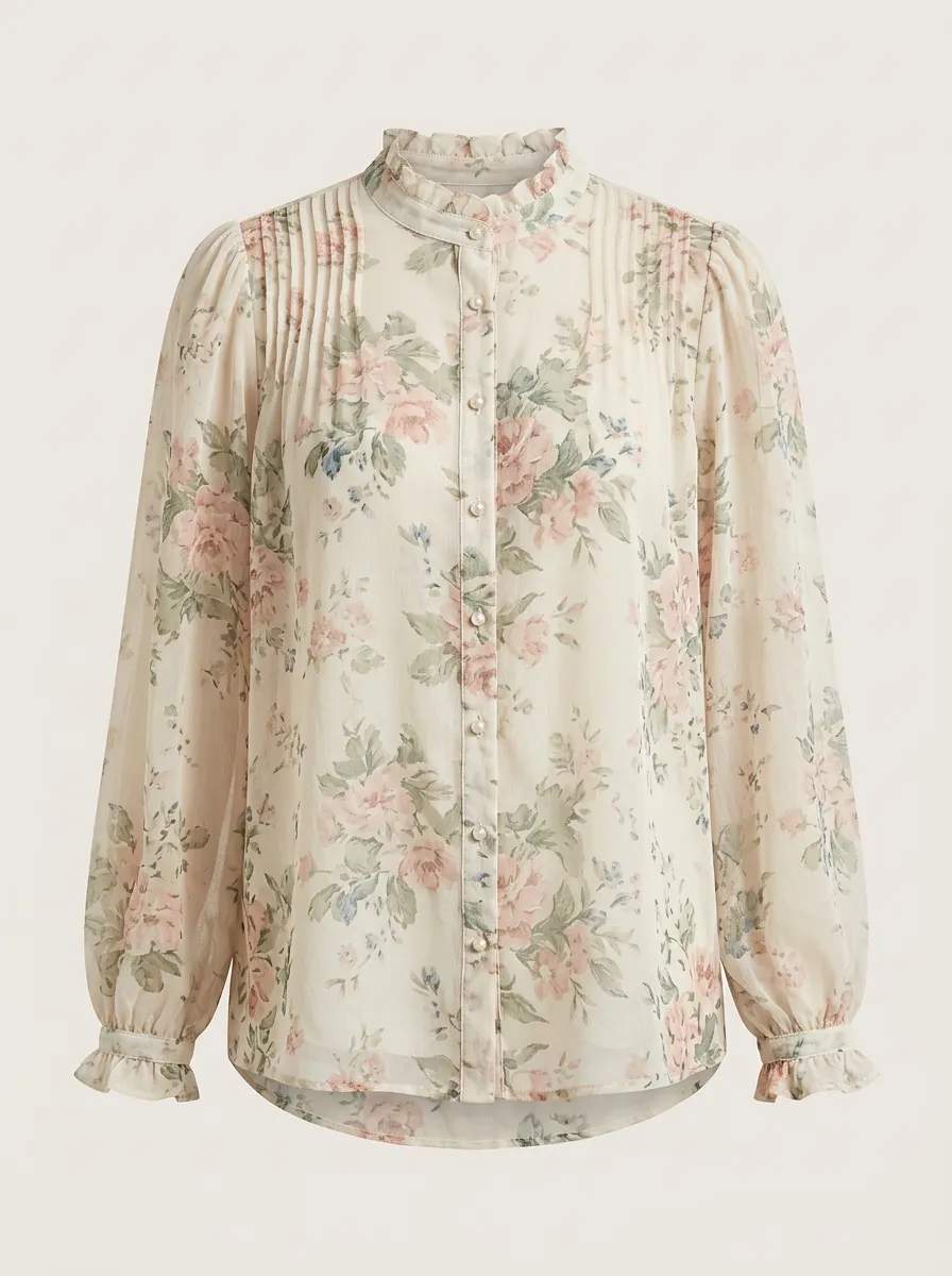 Women's Vintage Floral Ruffle Stand Collar Printed Blouse