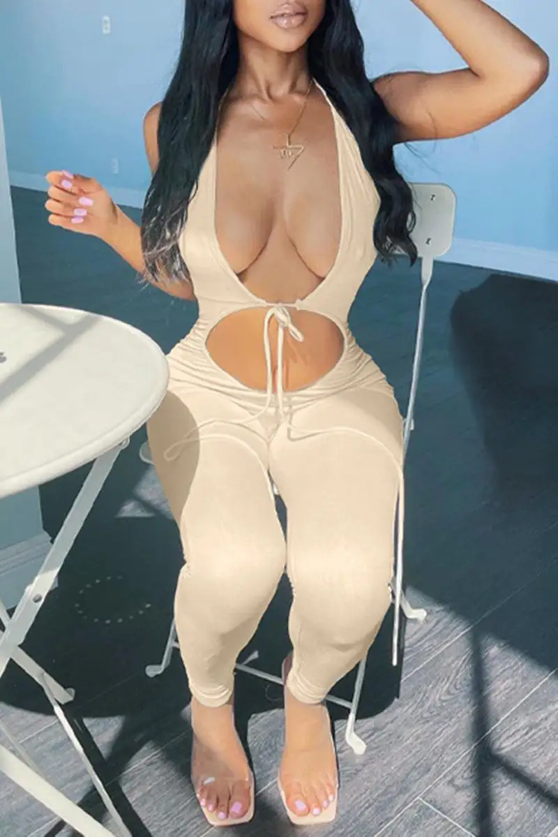 Sexy Casual Solid Bandage Hollowed Out Backless Halter Skinny Jumpsuits