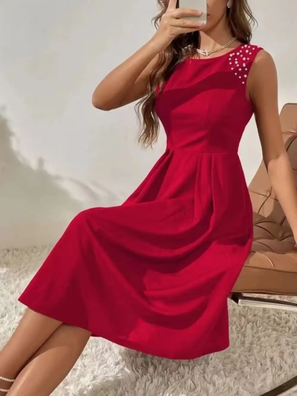 Polished Detail Sleeveless Midi Dress