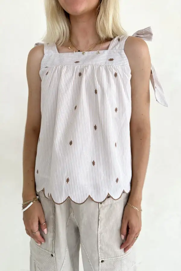 Striped Embroidered Scallop Trim Top