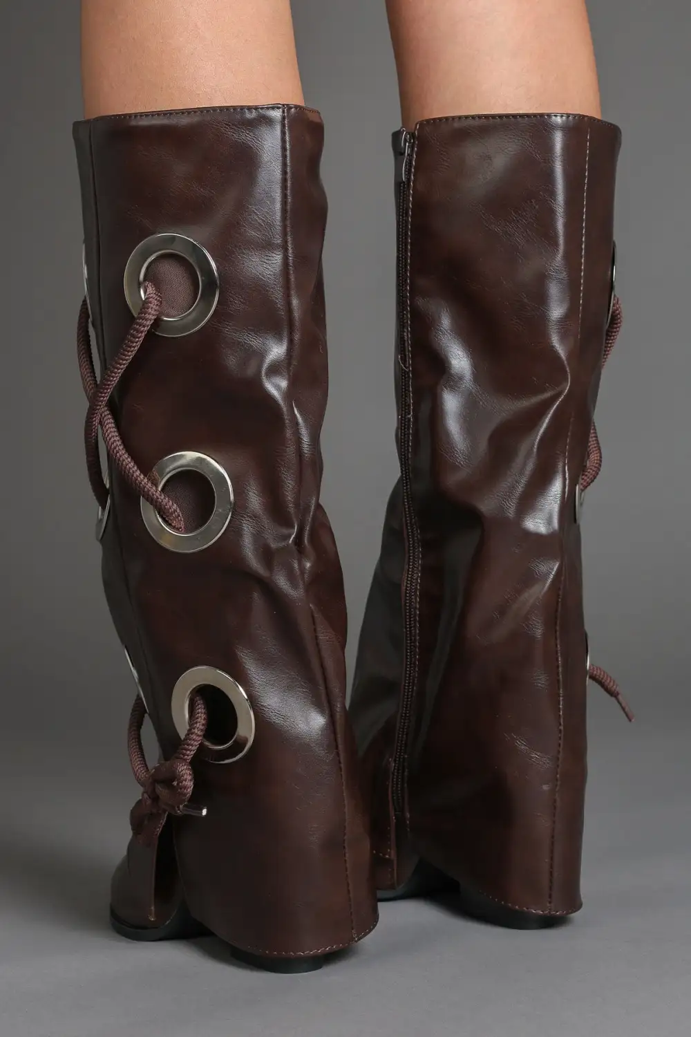 Fold-Over Lace Detail Pointed Toe Faux Leather Knee High Boots
