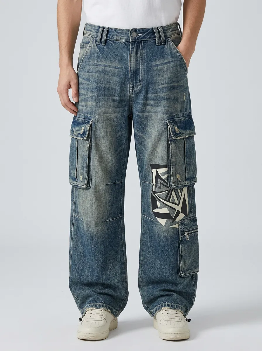 Men's Mid-Blue Geometric Detail Zip-Pocket Wide-Leg Denim Cargo Pants