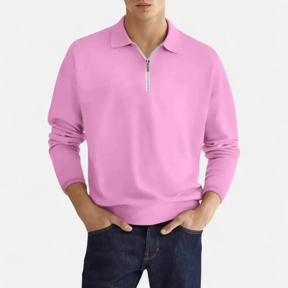 Denim Zip Collar Long Sleeve Polo Shirt