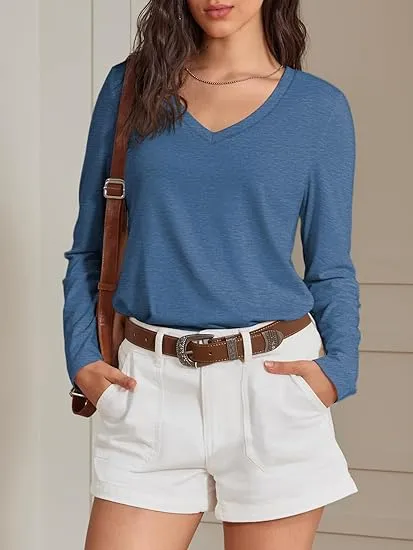 Women's V-Neck Long Sleeve Tee - Soft Curved Hem Top