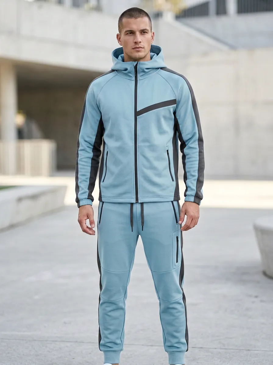 Hooded Contrast Panel Unisex Zip Hoodie Tracksuit Set