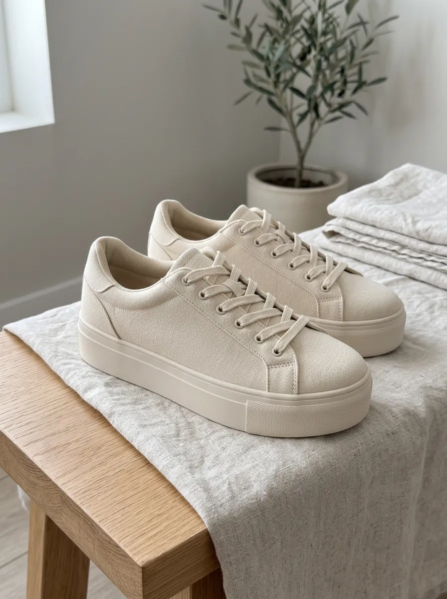 Women's Minimalist Beige Canvas Platform Sneakers