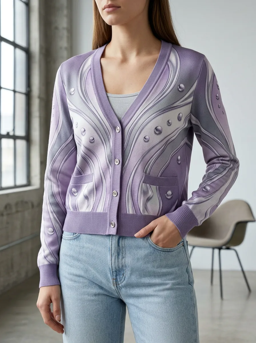 Women's Abstract Purple Wave Water Drop Printed Cardigan