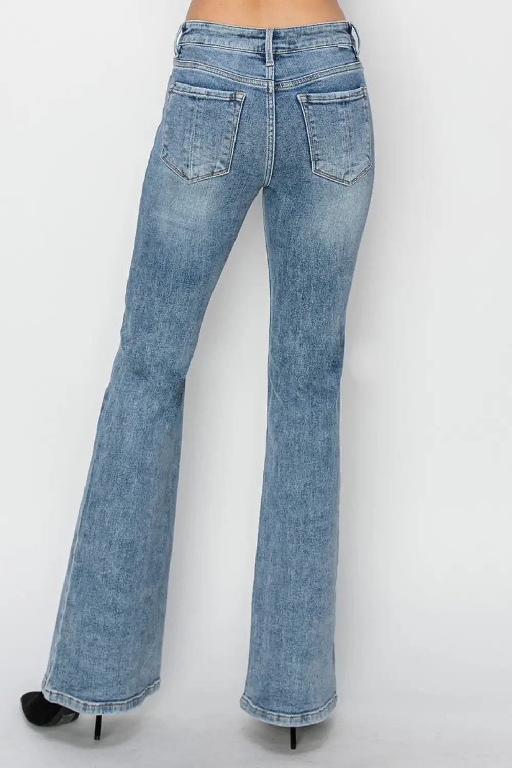 Pocketed Mid Rise Flare Leg Denim Jeans