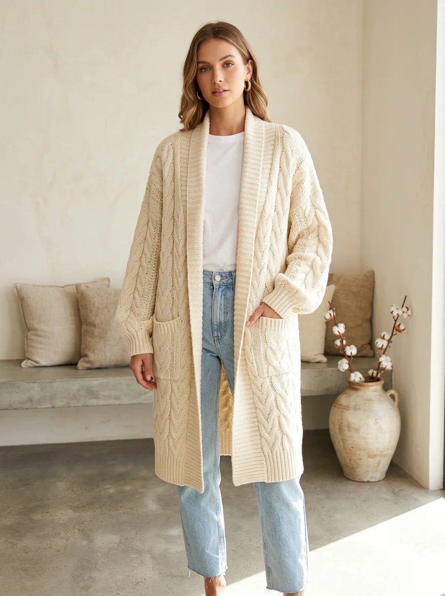 Women's Cable-Knit Open-Front Cardigan Open-Front