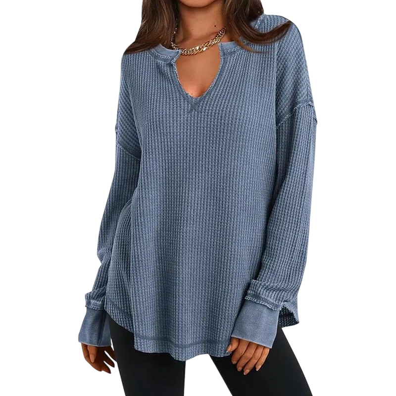 Women‘s Waffle Knit Long Sleeve Casual V Neck Shirts